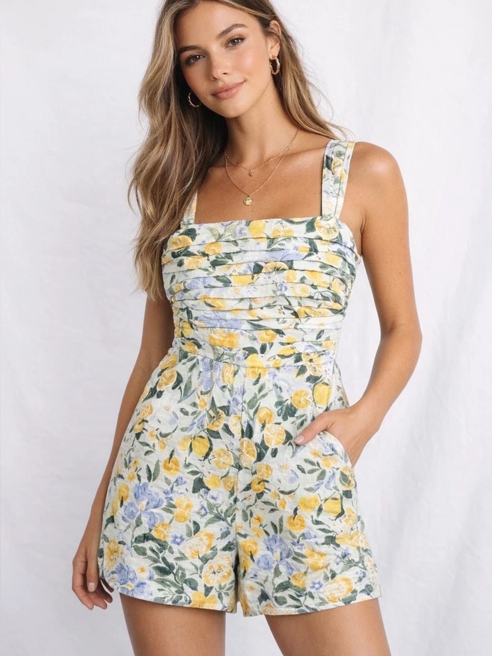 Abercrombie & Fitch Yellow and Green Floral Square-Neck Romper